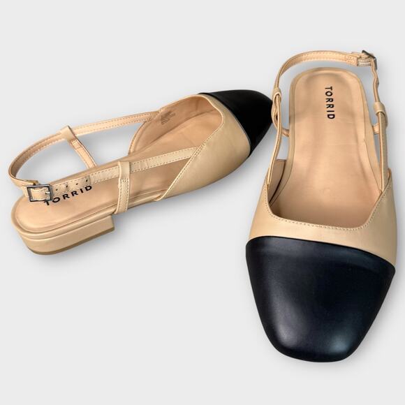 Torrid Slingback Flat Shoes Cap Toe Size 10.5 WW Extra Wide Colorblock Black Tan - Picture 1 of 11